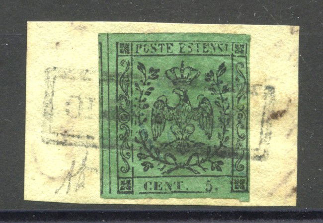 1855 - MODENA - LOTTO/40955 - 5 CENT. VERDE OLIVA - USATO SU FRAMMENTO
