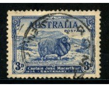 1934 - AUSTRALIA - 3p. BLU MACARTHUR - USATO - LOTTO/29182