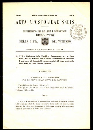 1980 - LOTTO/10984 - VATICANO - BERNINI 4v.  ACTA APOSTOLICAE