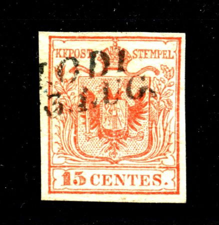 1850 - LOMBARDO VENETO - LOTTO/40488 - 15 Centesimi ROSSO  CARMINIO I° TIPO - USATO LODI