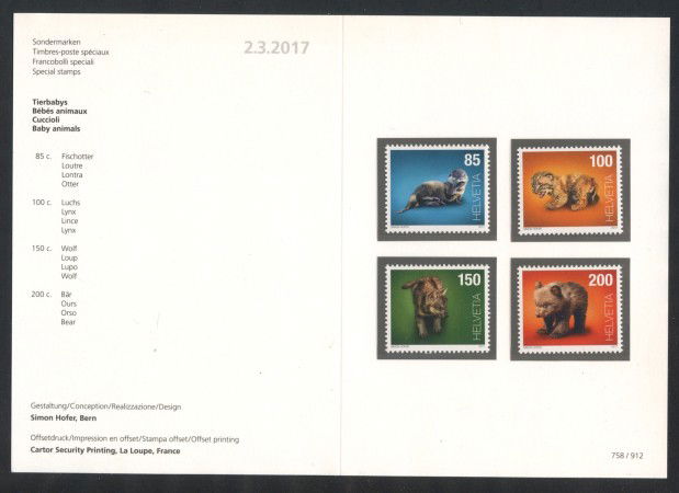 2017 - SVIZZERA - LOTTO/38035F - CUCCIOLI 4v. - NUOVI - FOLDER