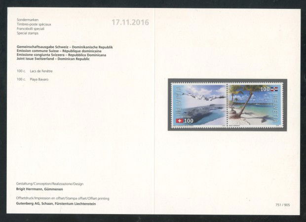 2016 - SVIZZERA - LOTTO/38029F - RELAZIONI CON REP. DOMINICANA 2v. - NUOVI - FOLDER