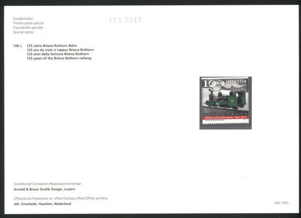 2017 - SVIZZERA - LOTTO /39702F - FERROVIA BRIENZ-R0THORN - NUOVO FOLDER