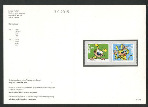2015 - SVIZZERA - LOTTO/37886F - MARSUPILAMI 2v. - NUOVI - FOLDER