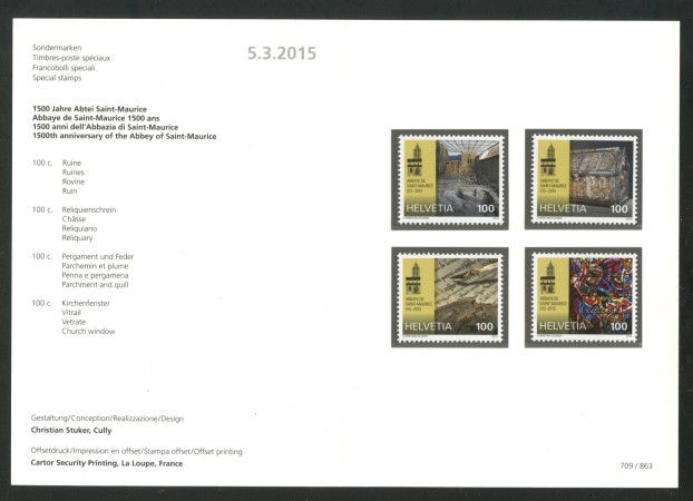 2015 - SVIZZERA - LOTTO/37869F - ABBAZIA DI SAINT MAURICE 4v. - NUOVI - FOLDER