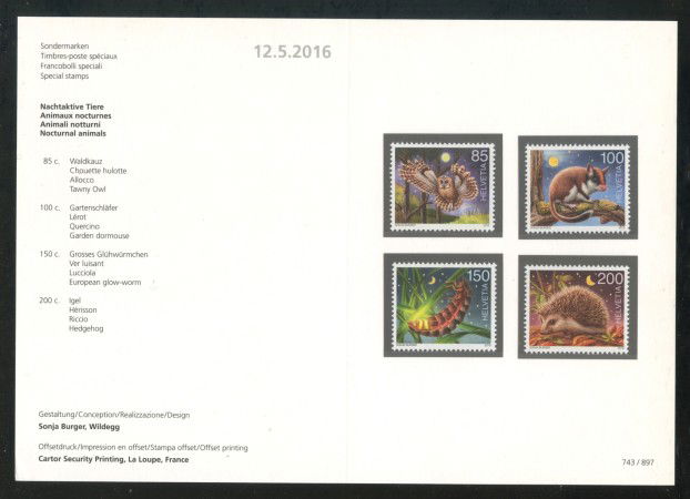 2016 - SVIZZERA - LOTTO/37903F - ANIMALI NOTTURNI 4v. - NUOVI - FOLDER