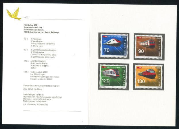 2002 - SVIZZERA - CENTENARIO FERROVIE 4v. - NUOVI - FOLDER - LOTTO/37362F