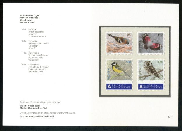 2007 - SVIZZERA - FAUNA UCCELLI 4v. - FOLDER - NUOVI - LOTTO/37561F