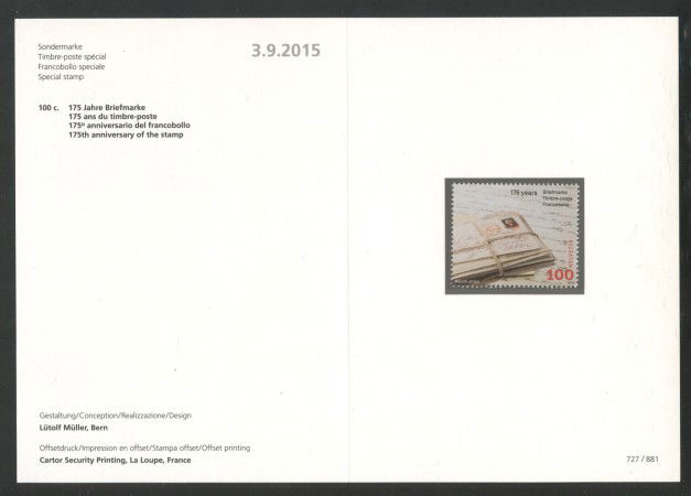 2015 - SVIZZERA - LOTTO/37887F -  ANNIVERSARIO PRIMO FRANCOBOLLO  - NUOVO - FOLDER