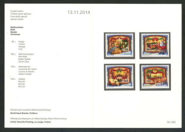 2014 - SVIZZERA - LOTTO/37865F - NATALE 4v. - NUOVI - FOLDER