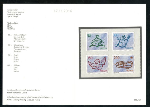 2016 - SVIZZERA - LOTTO/38033F - NATALE 4v. - NUOVI - FOLDER