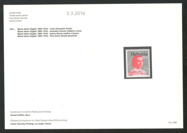 2016 - SVIZZERA - LOTTO/37894F - MARIE HEIM VOGTIN - NUOVO - FOLDER