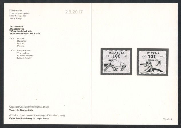 2017 - SVIZZERA - LOTTO/38036F - BICICLETTA 2v. - NUOVI - FOLDER