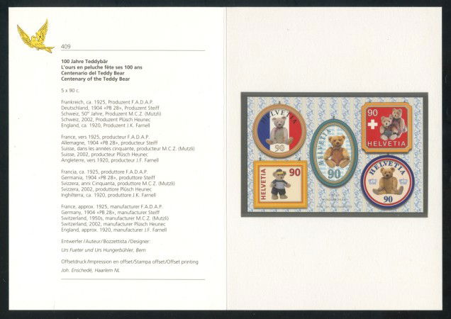 2002 - SVIZZERA - CENTENARIO TEDDYBEAR 5v. - FOLDER - NUOVI - LOTTO/37369F