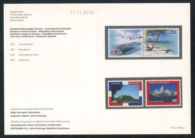 2016 - SVIZZERA - LOTTO/38029FA - RELAZIONI CON REP. DOMINICANA 4v. - NUOVI - FOLDER