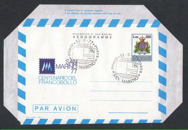 1977 - LOTTO/2476 - R.SAN MARINO . AEROGRAMMA CENTENARIO FRANCOB