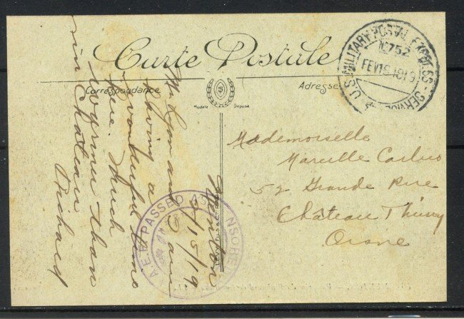1919 - FRANCIA - LOTTO/42425 - CARTOLINA IN FRANCHIGIA DEL CORPO DI SPEDIZIONE AMERICANO