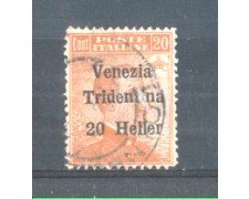 1919 - LOTTO/TNT30U - TRENTINO - 20h. SU 20 CENT. ARANCIO  USATO