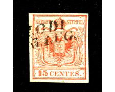 1850 - LOMBARDO VENETO - LOTTO/40488 - 15 Centesimi ROSSO  CARMINIO I° TIPO - USATO LODI